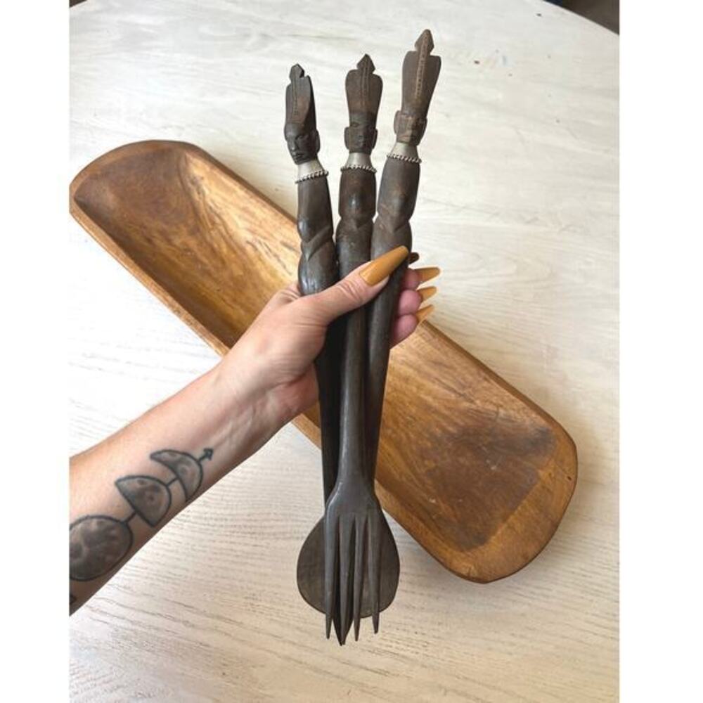 Hand Carved Wooden Kitchen Utensils, African Artisan, Heads, Salad, Eclectic